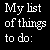 A static image displays a list of things to do with Coca-Cola bottle icons, hot dogs, and dinosaurs on a black background.