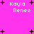 Pixelated text 'Kayla Renee' repeated across a bright pink background with scattered dark brown plus signs.