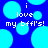 Blue background with light blue circles and white pixelated text reading 'i love my bffl's!' repeated twice.