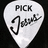A white guitar pick-shaped icon with 'PICK' text at the top and a stylized signature below, set against a black background.