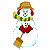 Pixelated snowman icon with brown hat, green-yellow scarf, red bow tie, and broom held in right hand against gray background.