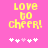 Yellow pixelated text 'LOVE TO CHEER!' on pink background with white and light pink plus signs below.