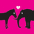 Two black elephant silhouettes face each other on a bright pink background with a white pixelated heart above them.