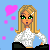 Pixel art of a blonde woman with green eyes in three states: open-eyed, closed-eyed, and back to open-eyed, against light blue background with pink and blue hearts.