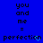 Blue background with black pixelated text reading 'you and me = perfection' in two identical vertical , each ending with a blue heart symbol replacing the final letter of 'perfection'
