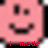 A pink cartoon face with dark oval eyes and a wide smile, featuring red text below the face.