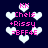 Pixelated icon with dark blue background, white hearts, and pink text reading 'KK Chels +Rissy =BFF4E' in multiple arrangements.