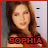 A 48x48 pixel animated contact sheet showing three frames of a woman with long brown hair wearing a red top, with the name "SOPHIA" in bold orange text at the bottom and colored horizontal lines on the right side that change color across frames.