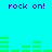 Cyan background with blue 'rock on!' text and green audio equalizer bars in pixelated style.