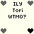Pixelated icon with heart symbols and text 'ILY Tori WTMO?' arranged in a pattern on a light background