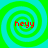 Four identical spiral patterns with alternating green and cyan rings, each containing red pixelated text reading 'heyy' at the center.