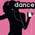 Pixelated silhouette of a person dancing against pink background with 'dance' text above, holding white object in right hand.
