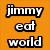 Six colored each display the text 'jimmy eat world' in pixelated font with black outlines