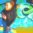 Pixelated image of a character with orange hair and dark clothing against a blue-green background with green circular shapes.