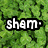 Green foliage background with two text overlays reading 'sham.' and 'rockin'' in white pixelated font with black outlines.