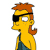 Pixelated character with orange hair, black eyepatch, yellow skin, and blue overalls in profile view.