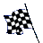 Three black-and-white checkered flags with blue flagpoles on a gray background, each in distinct waving poses.