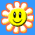 Yellow smiley face with black eyes and a curved mouth, surrounded by white petals with orange outlines on blue background.