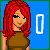 Animated pixel art contact sheet showing a red-haired female character with green eyes in various poses and expressions, each frame paired with white text on blue background.