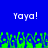 Blue background with white pixelated text 'Yaya!' on both sides and green pixelated shapes at the bottom.