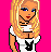 Pixel art buddy icon featuring a blonde woman in a white dress with black accents against a bright pink background, accompanied by text asking if the viewer has 'the bunny' inside.
