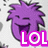 A purple spiky-haired character with closed eyes and a wide open mouth appears in three variations with different text overlays.