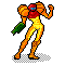 Pixel art character in orange and red armor holding a green weapon, standing on gray background with checkered shadow.