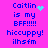 A bright pink background displays blue pixelated text reading 'Caitlin is my BFF!!!!! hiccuppy! ihsfm' with a cyan heart and cyan dots as animation elements.