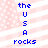 Blue pixelated text 'the USA rocks' on a pink and white striped background with small white dots.