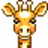 Pixelated giraffe head with large ears, dark eyes, and a white patch on its forehead against a plain background.