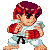 Pixel art contact sheet of a martial arts character in various fighting poses with red gloves and white karate uniform on gray background.