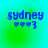 Blue text 'sydney' with three heart symbols below on a green-to-cyan gradient background, displayed in four positions