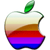 Pixelated apple-shaped icon with a green leaf, featuring horizontal rainbow stripes from top to bottom: white, light yellow, tan, brown, red, purple, blue.