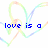 A pixelated image with rainbow-colored heart outlines and blue text reading "love is a rainbow of emotions" on a white background.