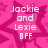 Pixelated pink background with white text reading "Jackie and Lexie BFF" in four lines, surrounded by faint star shapes.