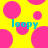 Yellow background with scattered pink circles and cyan text reading 'loopy' on two vertical stems.