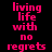 Pixelated pink text on black background repeats 'living life with no regrets' in two vertical with slight variations in alignment and character rendering