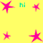 Yellow background with multiple pink star icons and green 'hi' text in various positions.