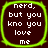 Four identical pixelated text with green borders on dark brown background, each displaying 'nerd, but you kno you love me' in white block letters