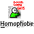 Pixelated character in green shirt holds red sign reading "GAYS WITH GAYS" above text "Homophobe Homophobe" on gray background.