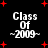 Black background with white pixelated text "Class Of ~2009~" and red plus signs scattered throughout, showing animation changes in star positions.