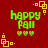 Red background with green text reading 'happy fall' and three small hearts, surrounded by yellow square corner decorations.