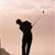 Pixelated static icon of a dark silhouette figure in mid-golf swing against a light gradient background with no visible text or additional elements.