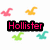 Four identical pixelated images of 'Hollister' text with colored backgrounds and surrounding anchor icons in pink, yellow, green, and cyan.