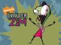 Static cartoon-style buddy icon featuring a green alien character with exaggerated features, pink dress, and guitar, next to "INVADER ZIM" text on a yellow burst background with blue sky elements.