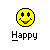 A static pixel art smiley face icon with the word "Happy" below it on a gray background.