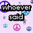 A split-screen animated icon with a light purple background on the left and black on the right, featuring peace signs and text phrases.