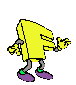 Yellow F-shaped character with purple feet and green ankle accents in multiple poses against gray background.