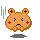 Pixel art contact sheet showing two frames of an animated orange cartoon animal with red cheeks and purple ear crosses, displaying a sad expression against a gray background.