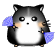 Pixelated hamster-like character with gray-black fur, white belly, and orange cheeks holds a blue checkered object in both hands against light gray background.